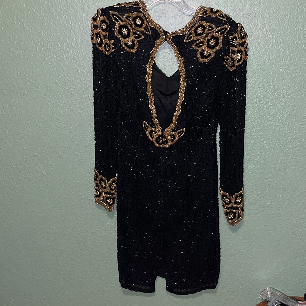 vintage long sleeve heavily beaded black and gold silk dress 70s 80s Morigana - Picture 6 of 8